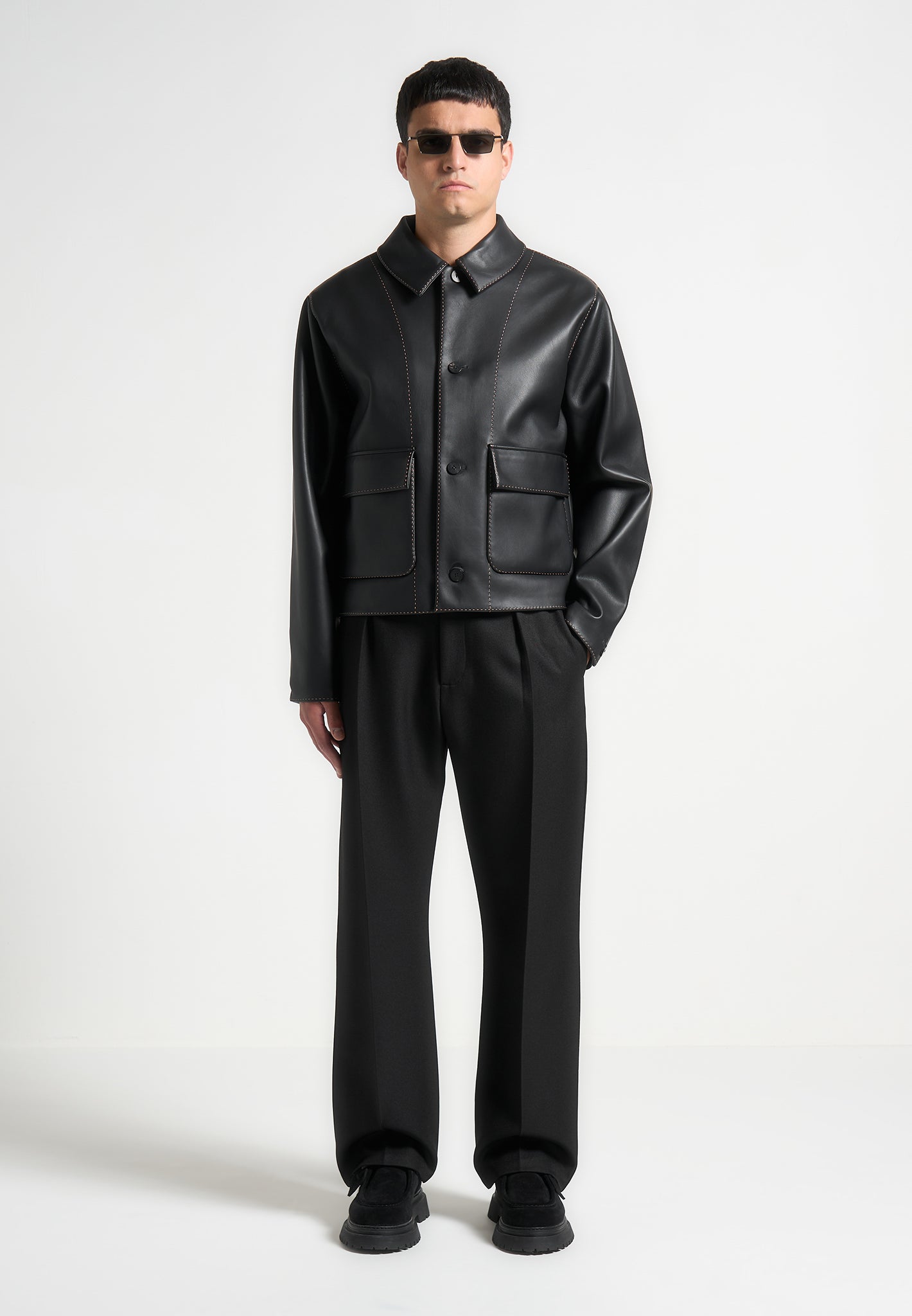 Leather Contrast Stitch Jacket Black - Main Image