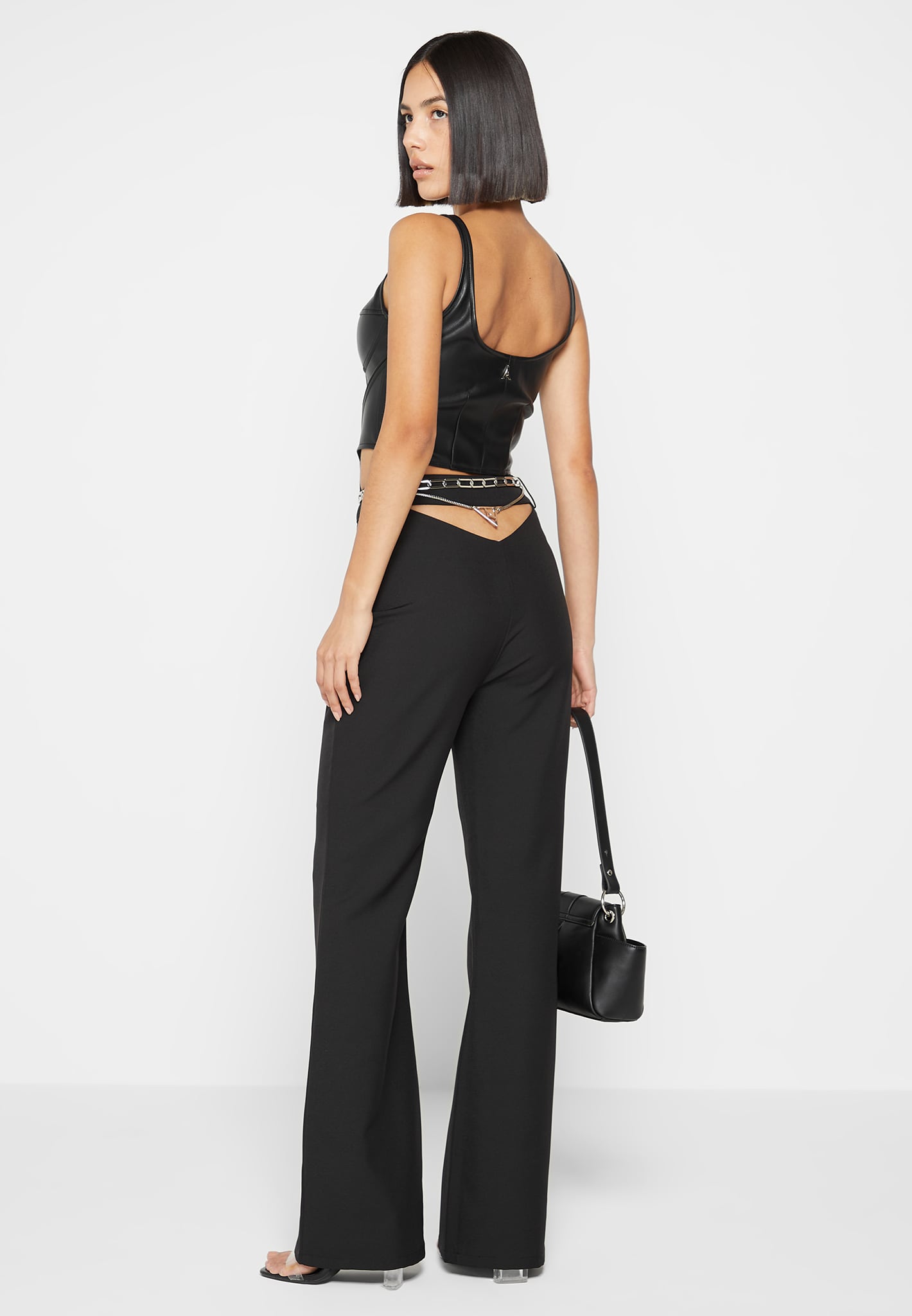 Cut Out Flared Trousers with Chain Belt - Black | Manière De Voir