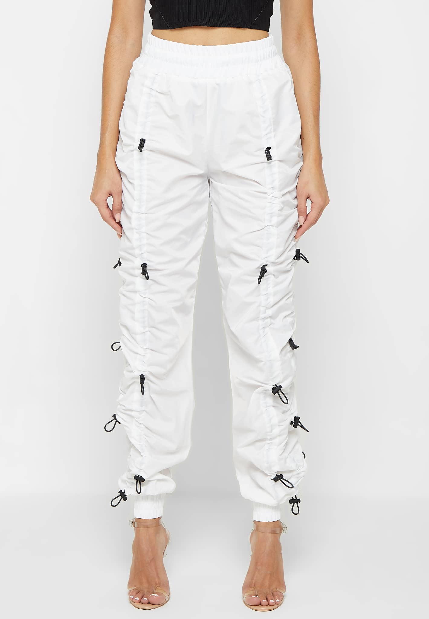 Nylon Bungee Ruched Cargo Pants White Black