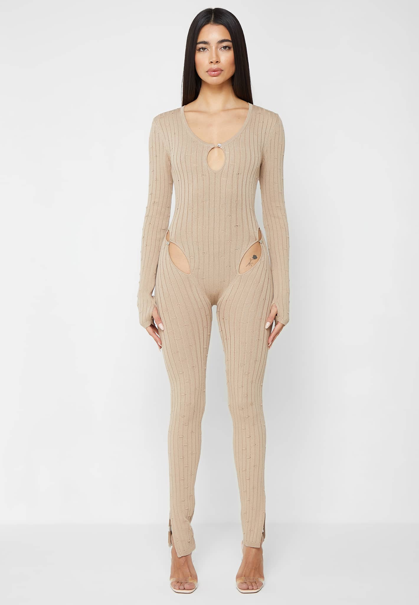 Distressed Knitted Cut Out Jumpsuit Taupe