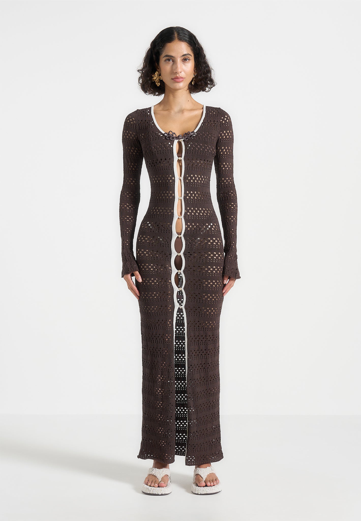 Aria - Pointelle Knit Cover Up - Brown/Cream