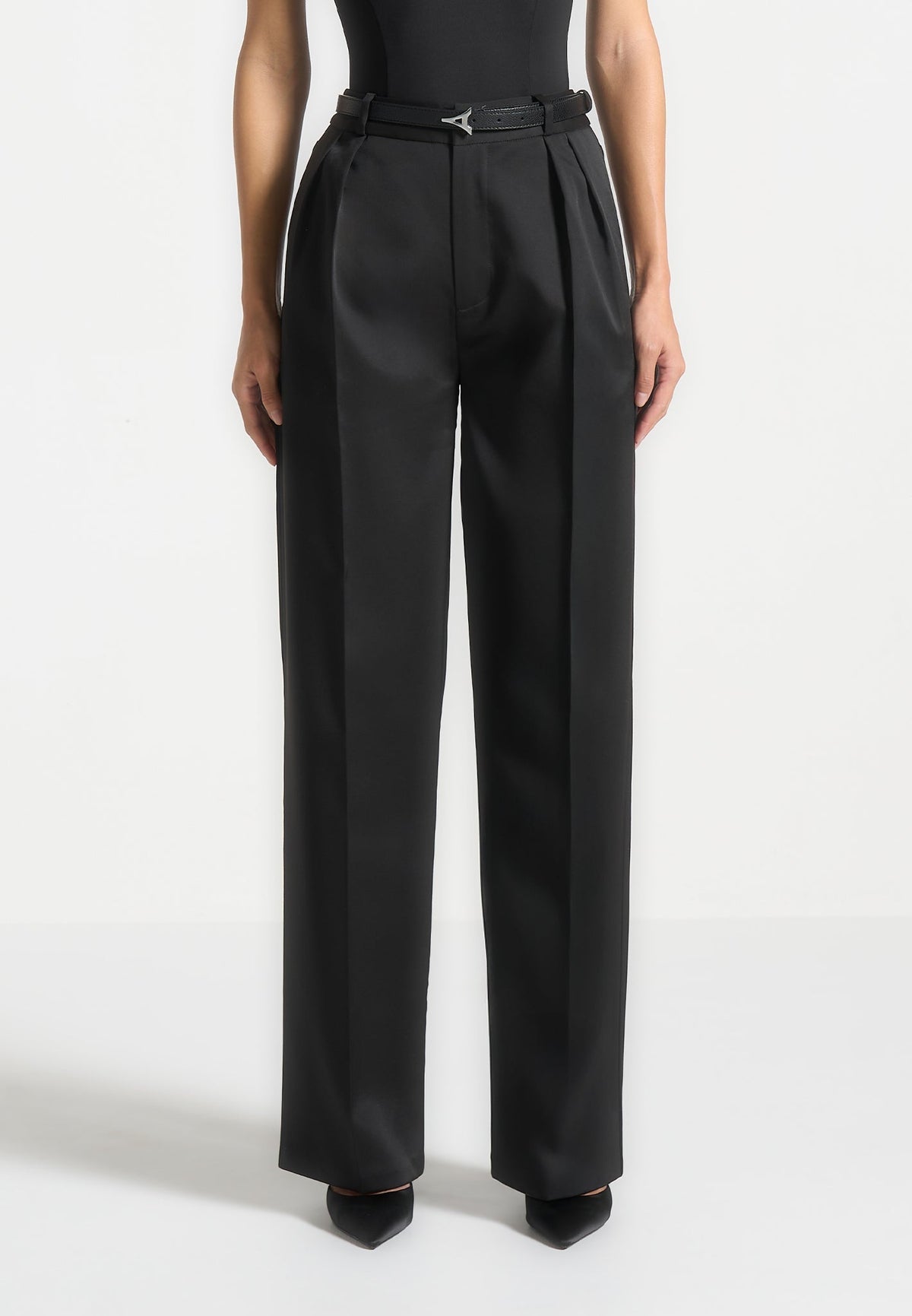 Julie - Sateen Tailored Twin Pleat Trousers - Black