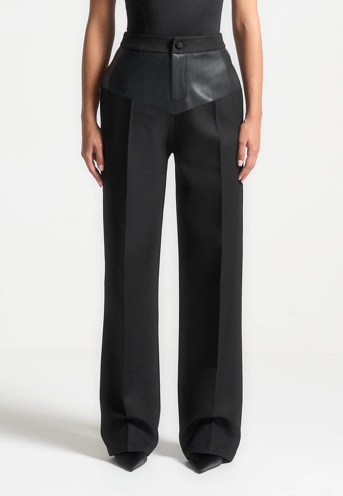 Blanche - Leather Panel Tailored Trousers - Black