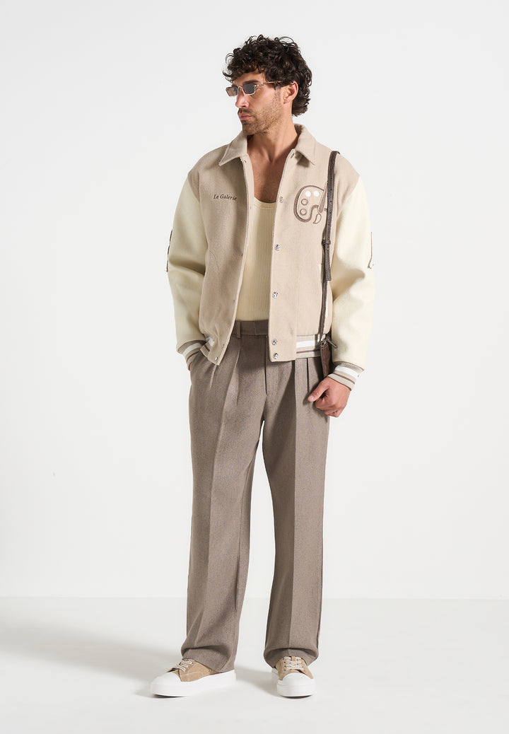 Pierre - Relaxed Fit Textured Pleated Tailored Trousers - Taupe