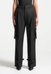 D⁠anielle - Tailored Pleated Cargo Trousers - Black