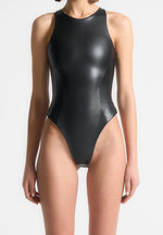 Josie - Leather Racer Neck Bodysuit - Black