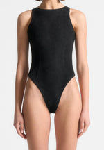 Adele - Suede Racer Neck Bodysuit - Black