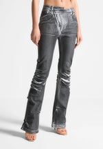 Oil Print Tacked Fit and Flare Jeans - White/Grey