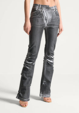 Oil Print Tacked Fit and Flare Jeans - White/Grey