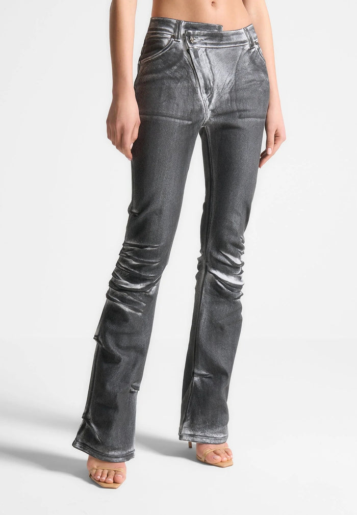 Oil Print Tacked Fit and Flare Jeans - White/Grey