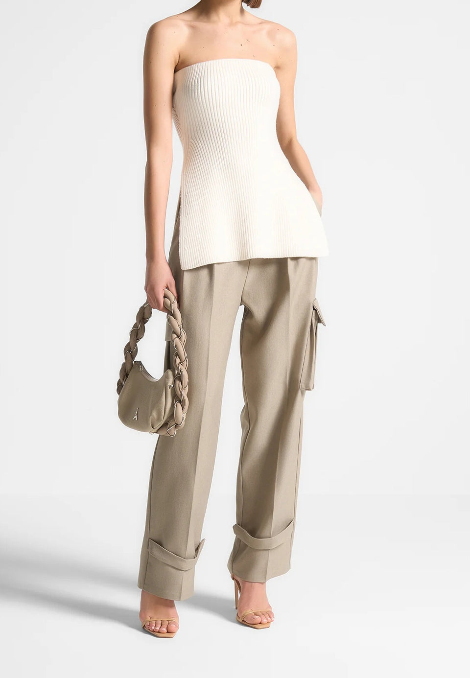Rib Knit Longline Bandeau Top - Off White