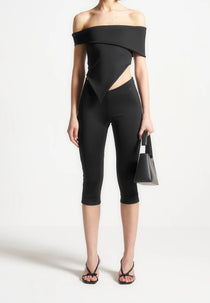 Angled Hem Bardot Top - Black