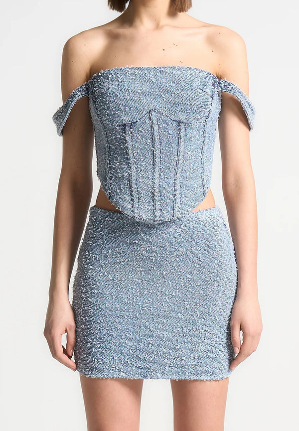 Bonnie - Boucle Denim Bardot Corset Top - Mid Blue