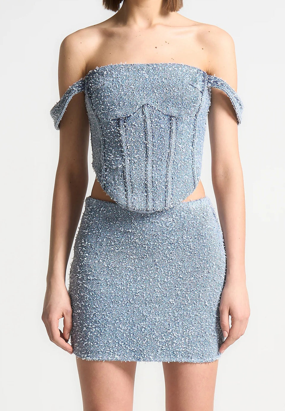 Bonnie - Boucle Denim Bardot Corset Top - Mid Blue