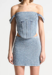 Bonnie - Boucle Denim Bardot Corset Top - Mid Blue