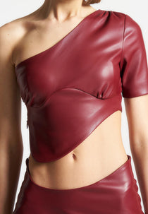 Curved Hem Leather Crop Top - Wine Red