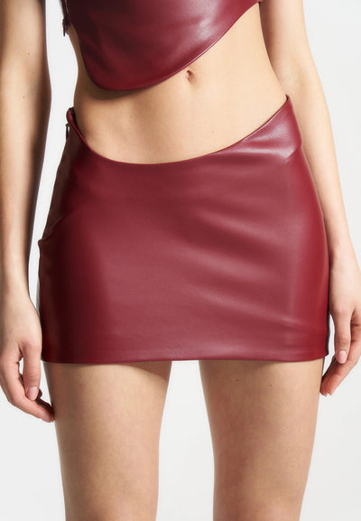 Curved Waist Leather Mini Skirt - Wine Red