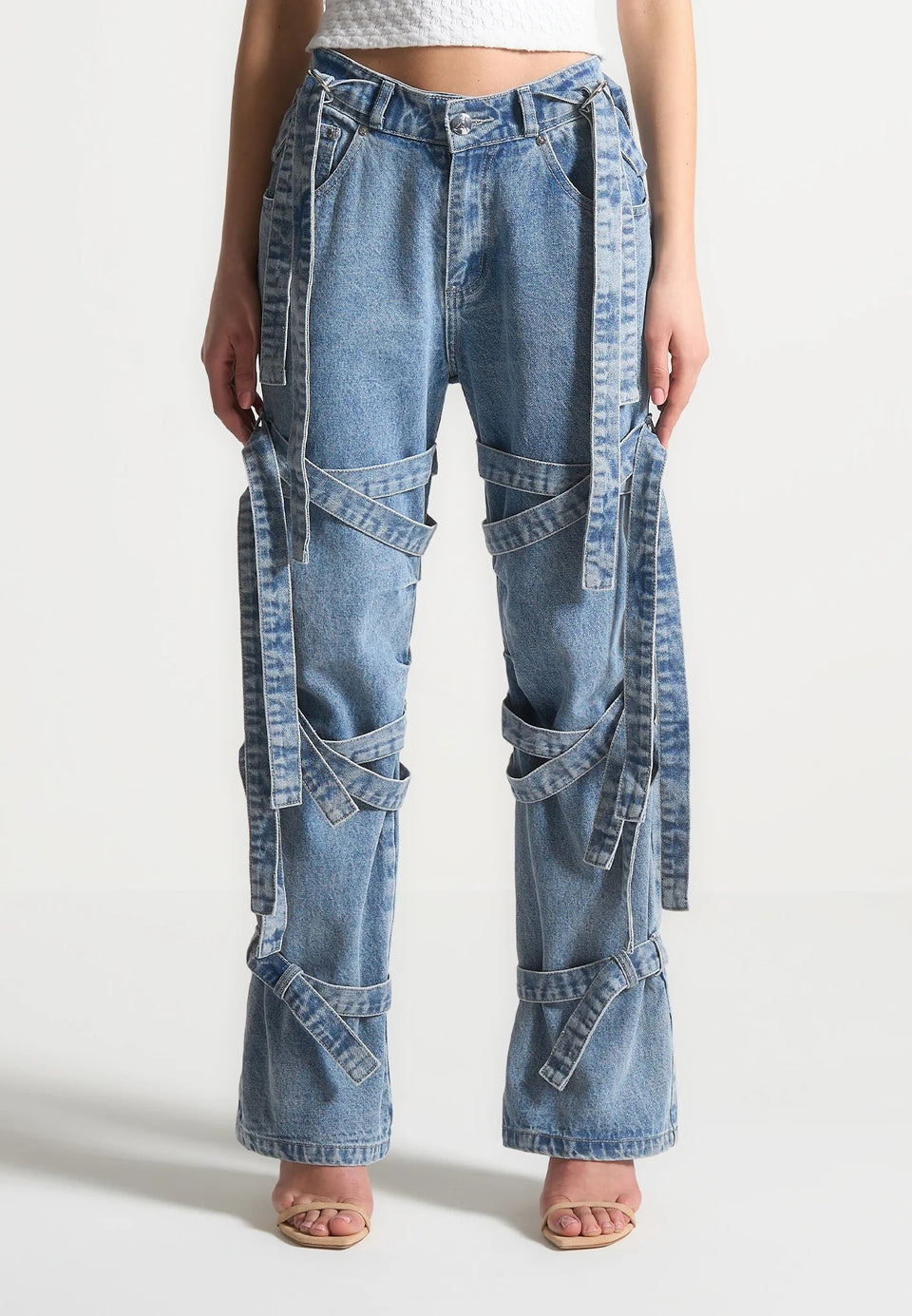 Talia - Denim Strap Cargo Jeans - Mid Blue
