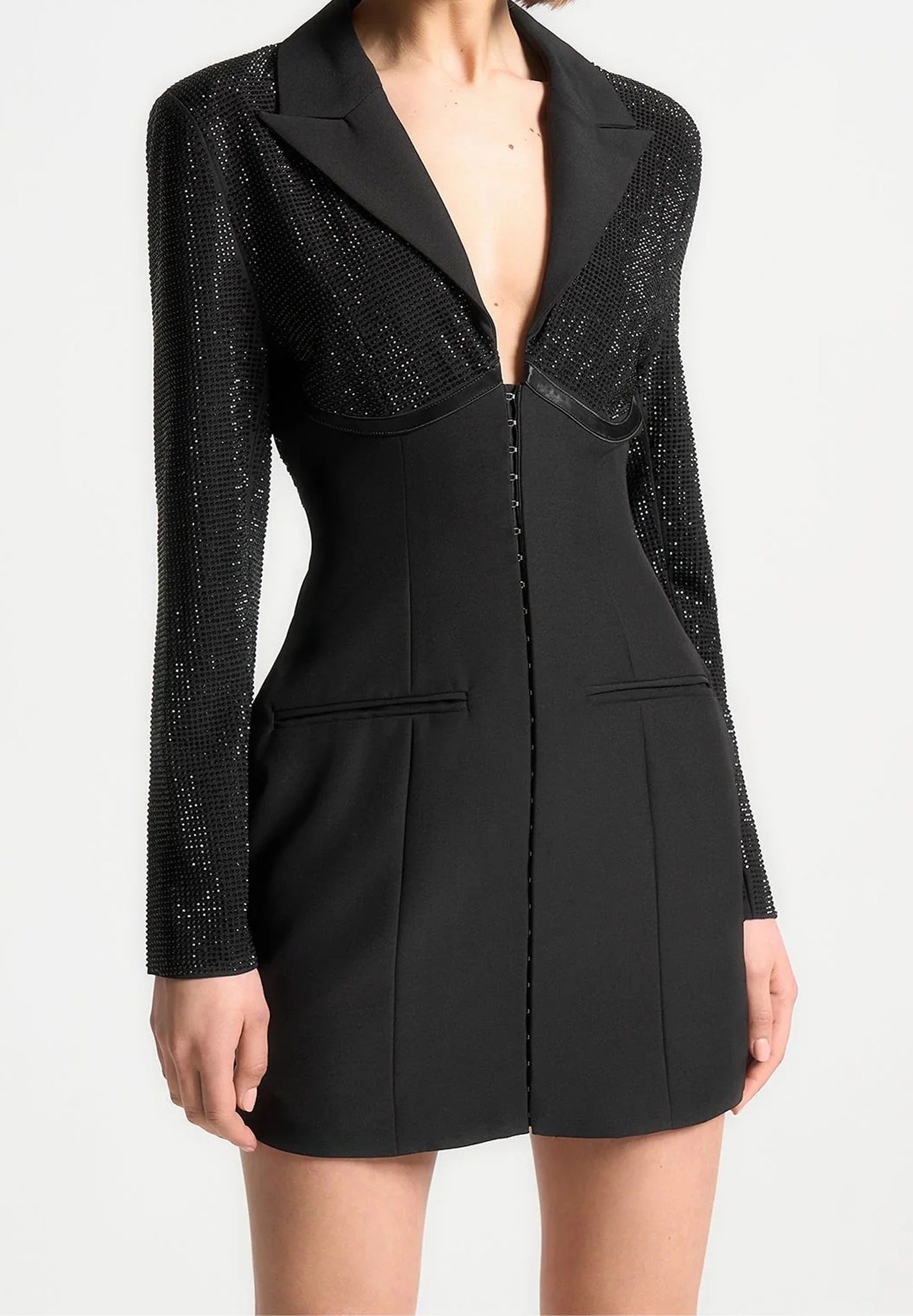 Rhinestone Corset Blazer Dress - Black 