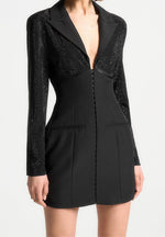 Rhinestone Corset Blazer Dress - Black