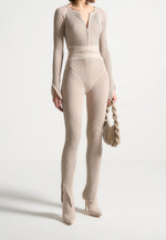 Knitted Two Tone Jumpsuit with Belt - Beige/Taupe