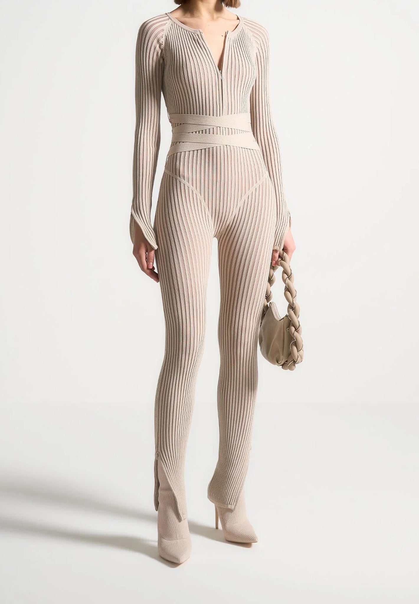 Knitted Two Tone Jumpsuit with Belt - Beige/Taupe