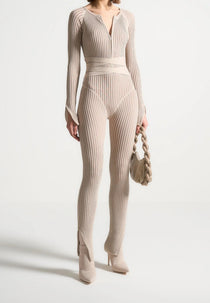 Knitted Two Tone Jumpsuit with Belt - Beige/Taupe
