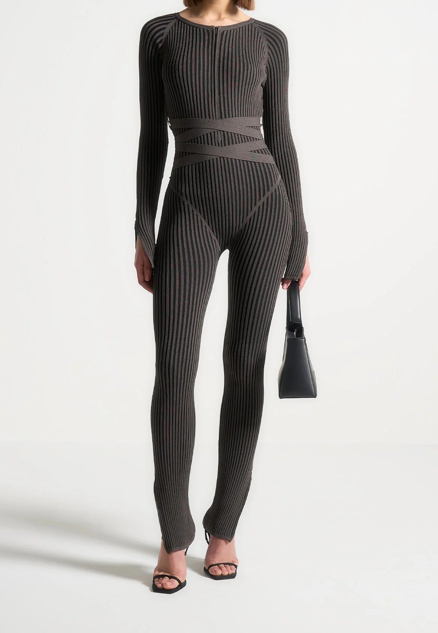Knitted Two Tone Jumpsuit with Belt - Grey/Black 