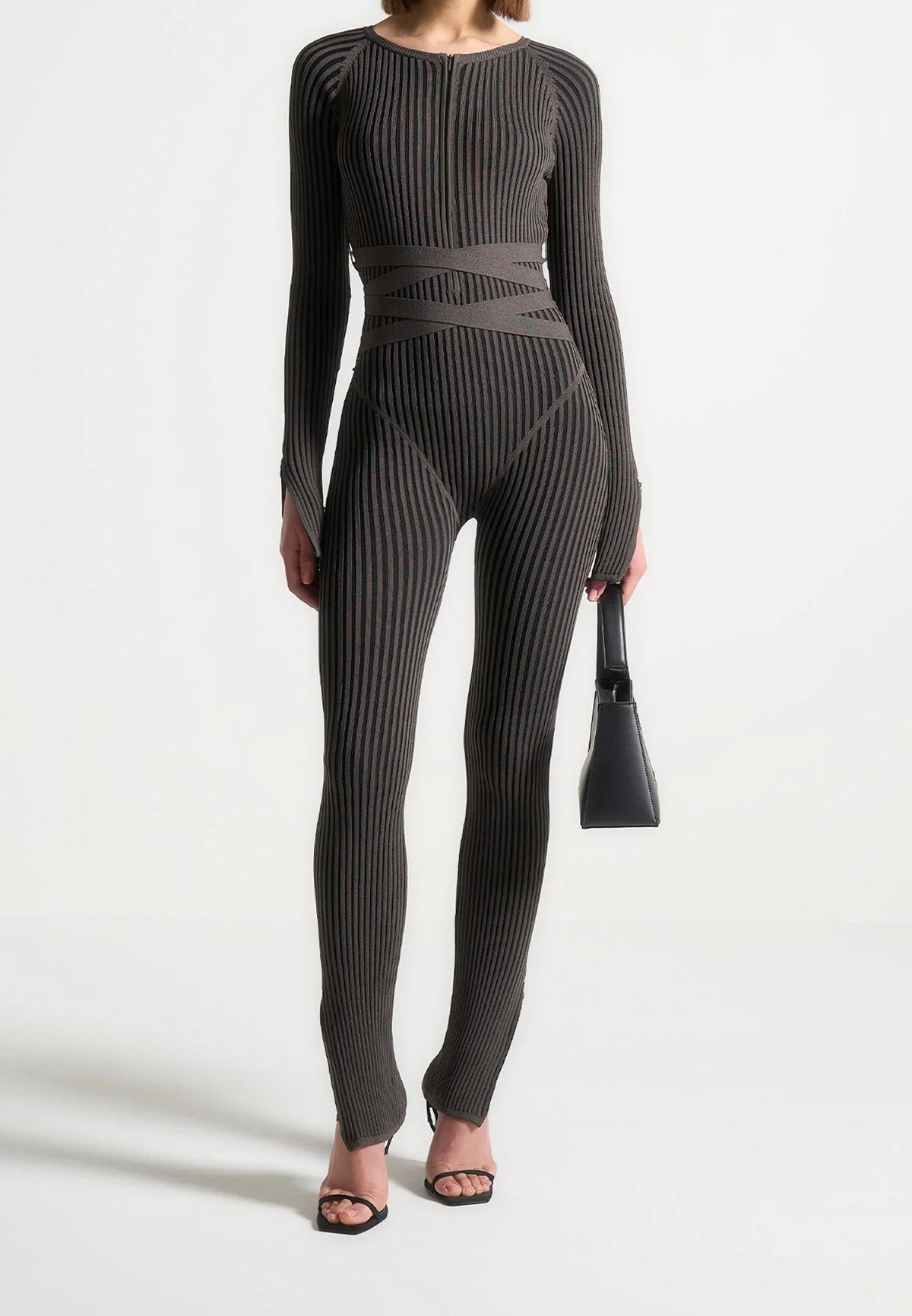 Knitted Two Tone Jumpsuit with Belt - Grey/Black