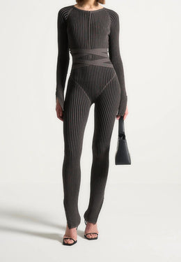 Knitted Two Tone Jumpsuit with Belt - Grey/Black