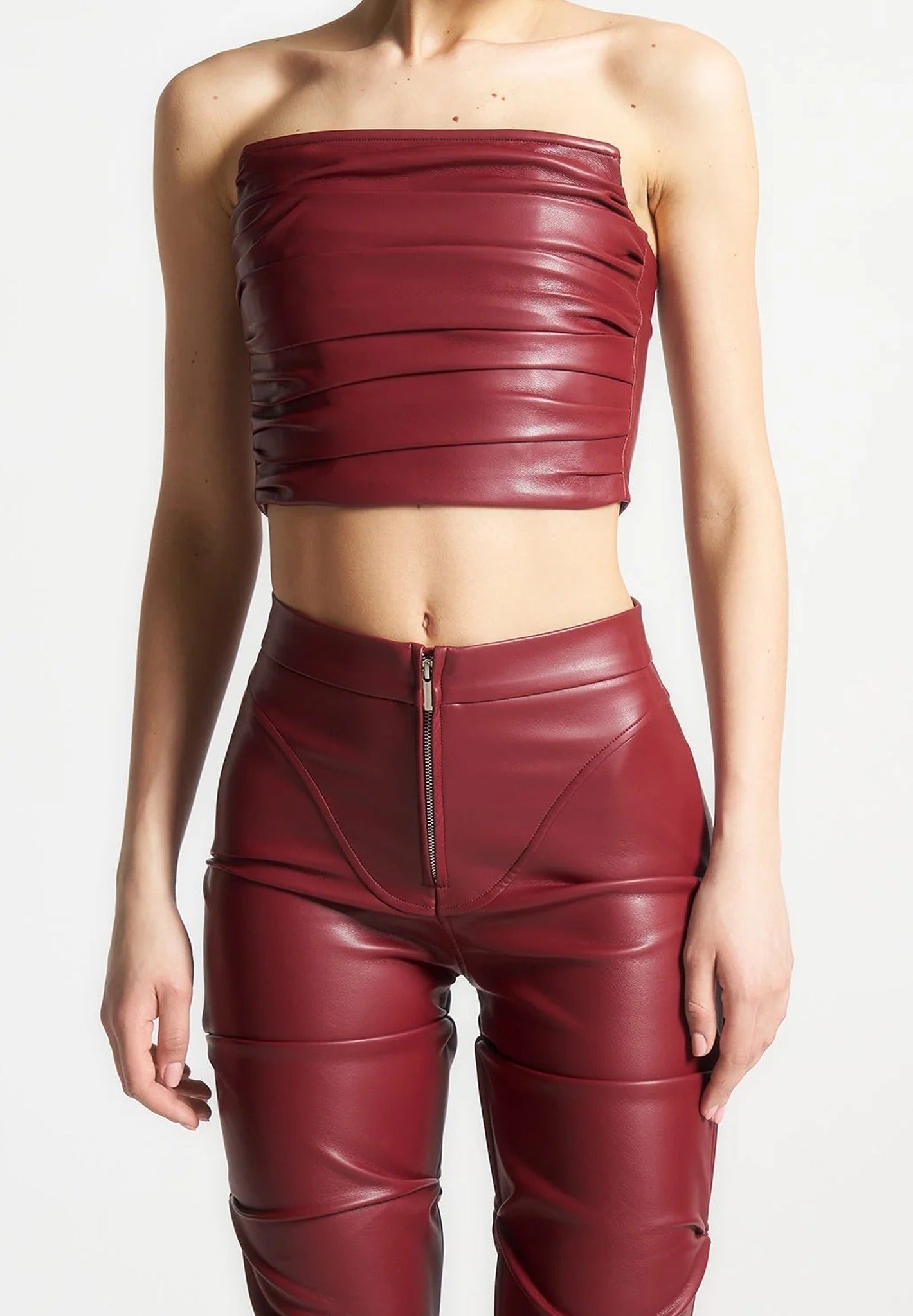 Pleated Bandeau Leather Corset Top - Wine Red