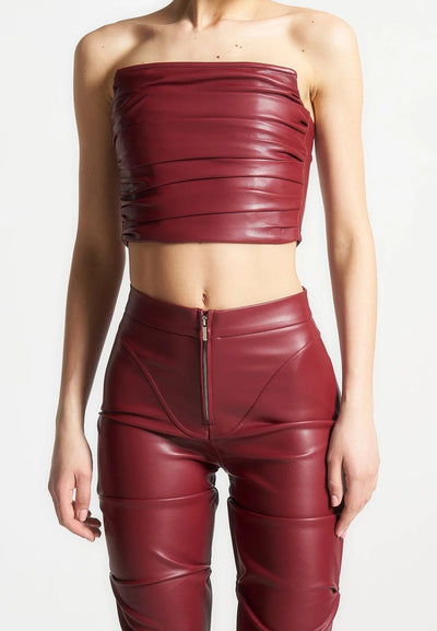 Pleated Bandeau Leather Corset Top - Wine Red