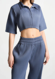 Mona - Pleated Cropped Shirt - Blue