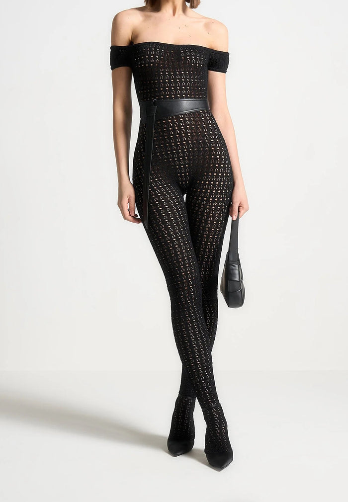Martine - Pointelle Knit Bardot Jumpsuit with Belt - Black