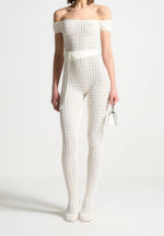 Martine - Pointelle Knit Bardot Jumpsuit with Belt - Cream