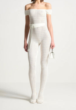 Martine - Pointelle Knit Bardot Jumpsuit with Belt - Cream
