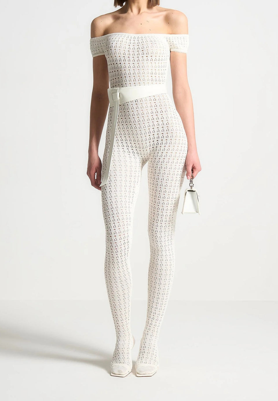 Martine - Pointelle Knit Bardot Jumpsuit with Belt - Cream