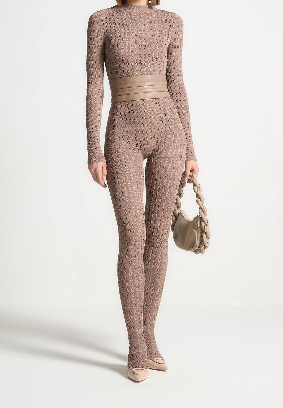Chantal - Pointelle Knit Long Sleeve Jumpsuit with Belt - Taupe