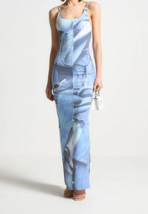 Printed Denim Effect Maxi Dress - Blue