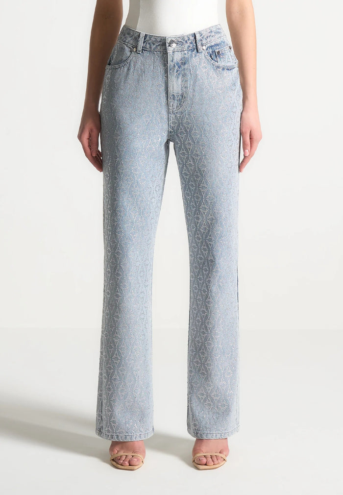 Alma - Rhinestone Eiffel Straight Leg Jeans - Mid Blue