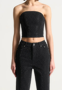 Rhinestone Eiffel Denim Bandeau Corset Top - Black
