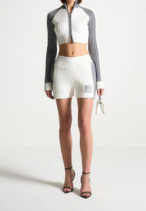 Rib Knit Track Jacket - Off White/Grey