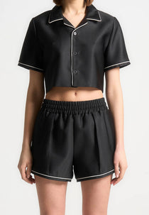 Satin Cropped Shirt with Piping - Black