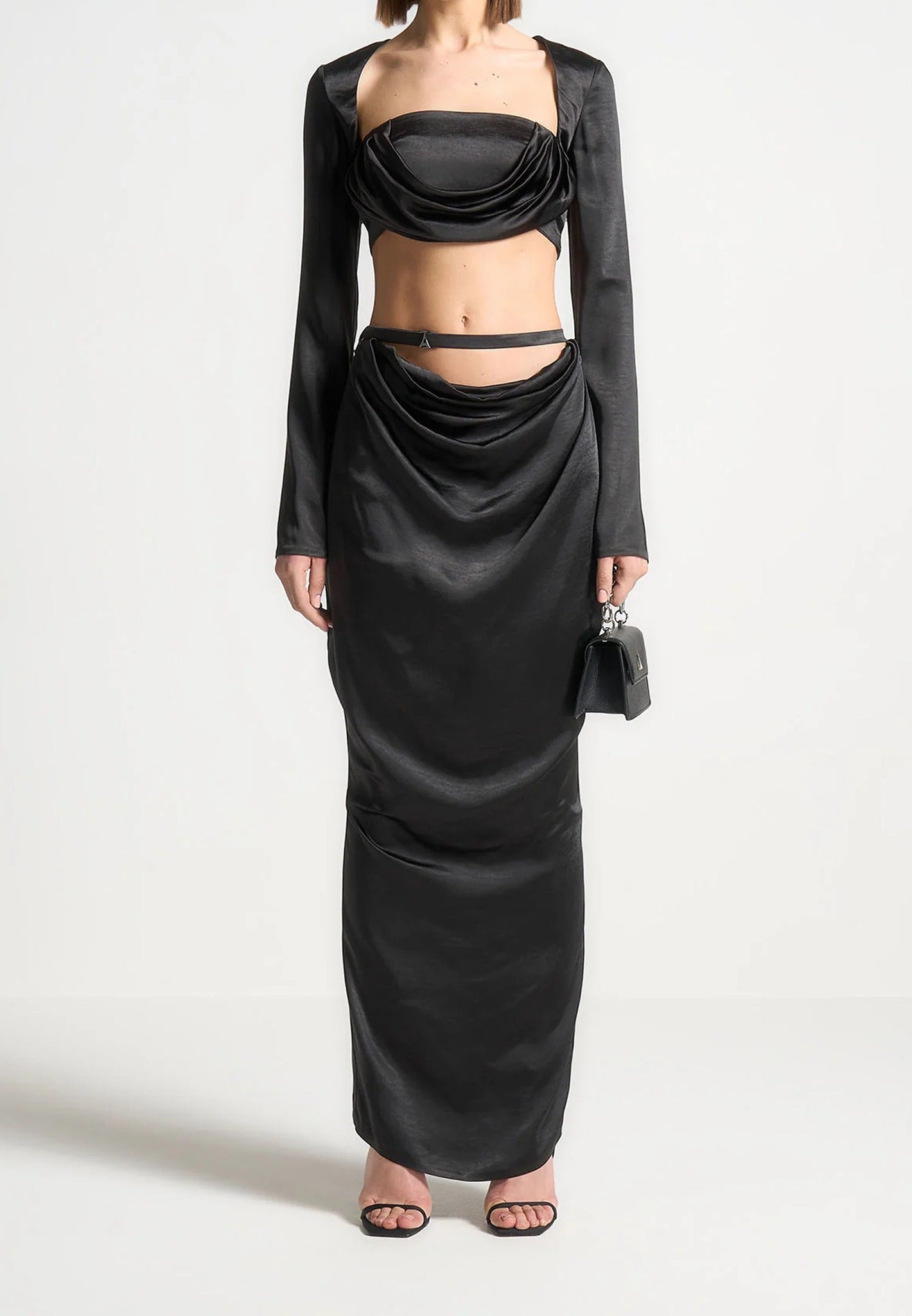 Satin Drape Belted Maxi Skirt - Black