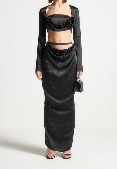 Satin Drape Belted Maxi Skirt - Black