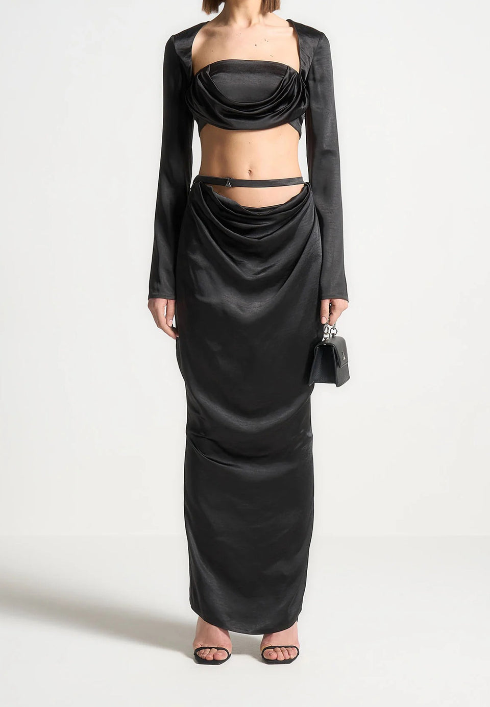 Satin Drape Belted Maxi Skirt - Black