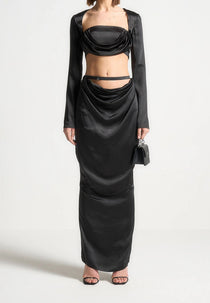 Satin Drape Belted Maxi Skirt - Black