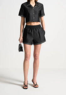 Satin Shorts with Piping - Black