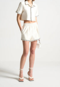Satin Shorts with Piping - Cream