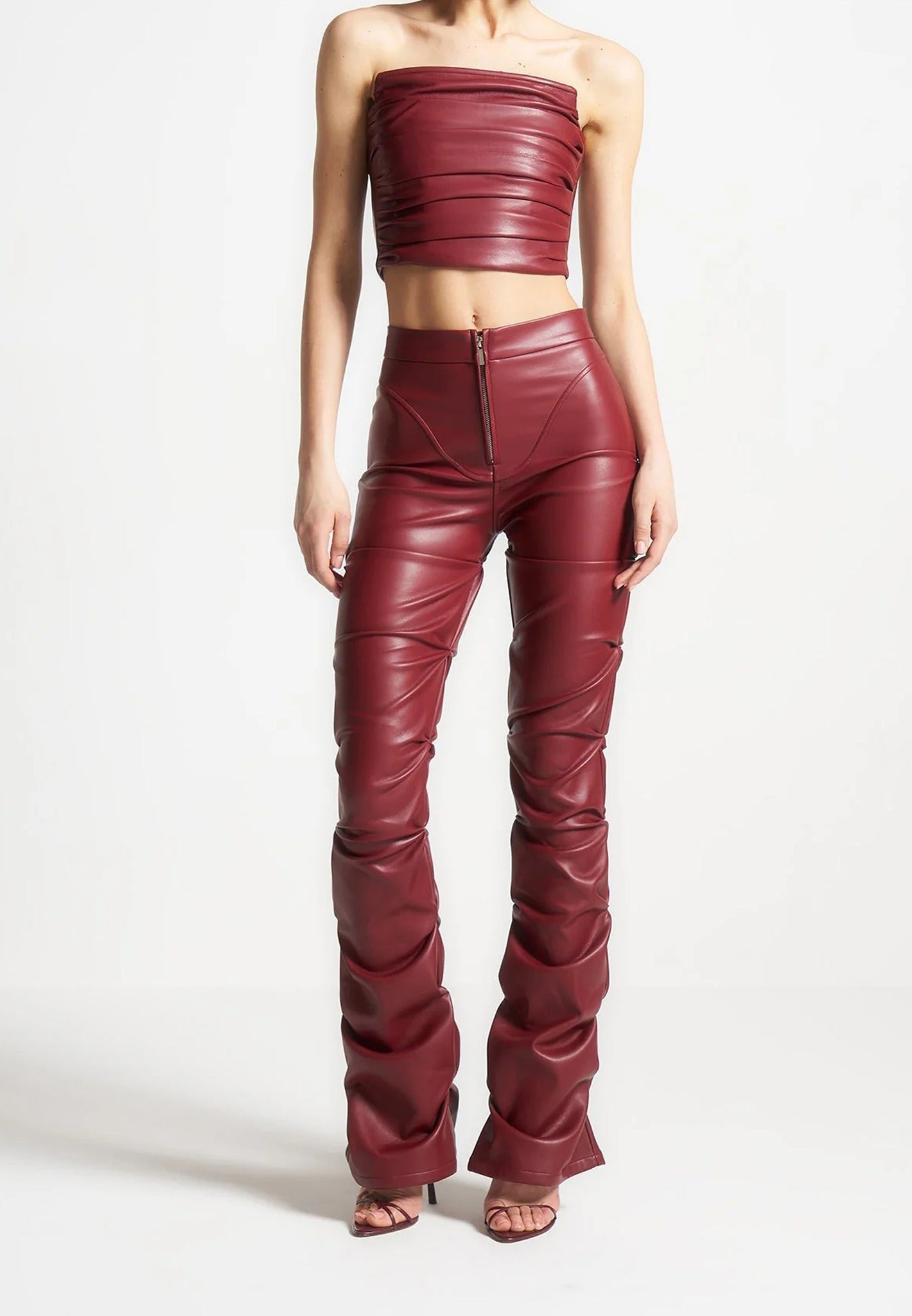 Caroline - Tacked Leather Flared Trousers - Wine Red